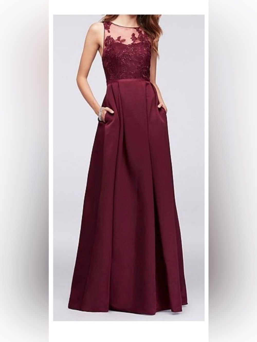 Oleg Cassini Burgundy Sleeveless Lace Bodice Maxi Gown